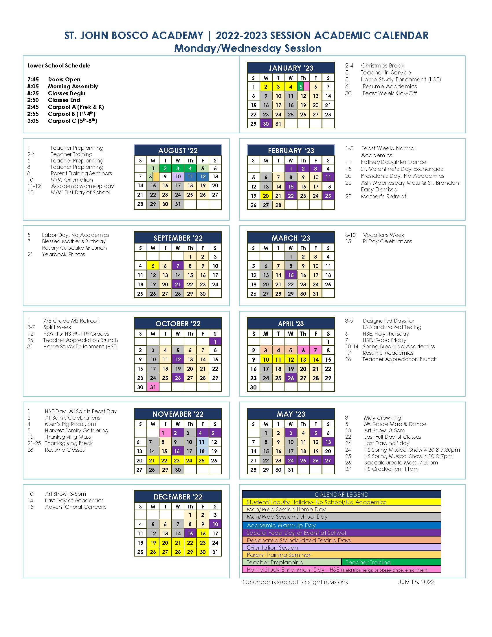2022 - 2023 Academic Calendars | St. John Bosco Academy